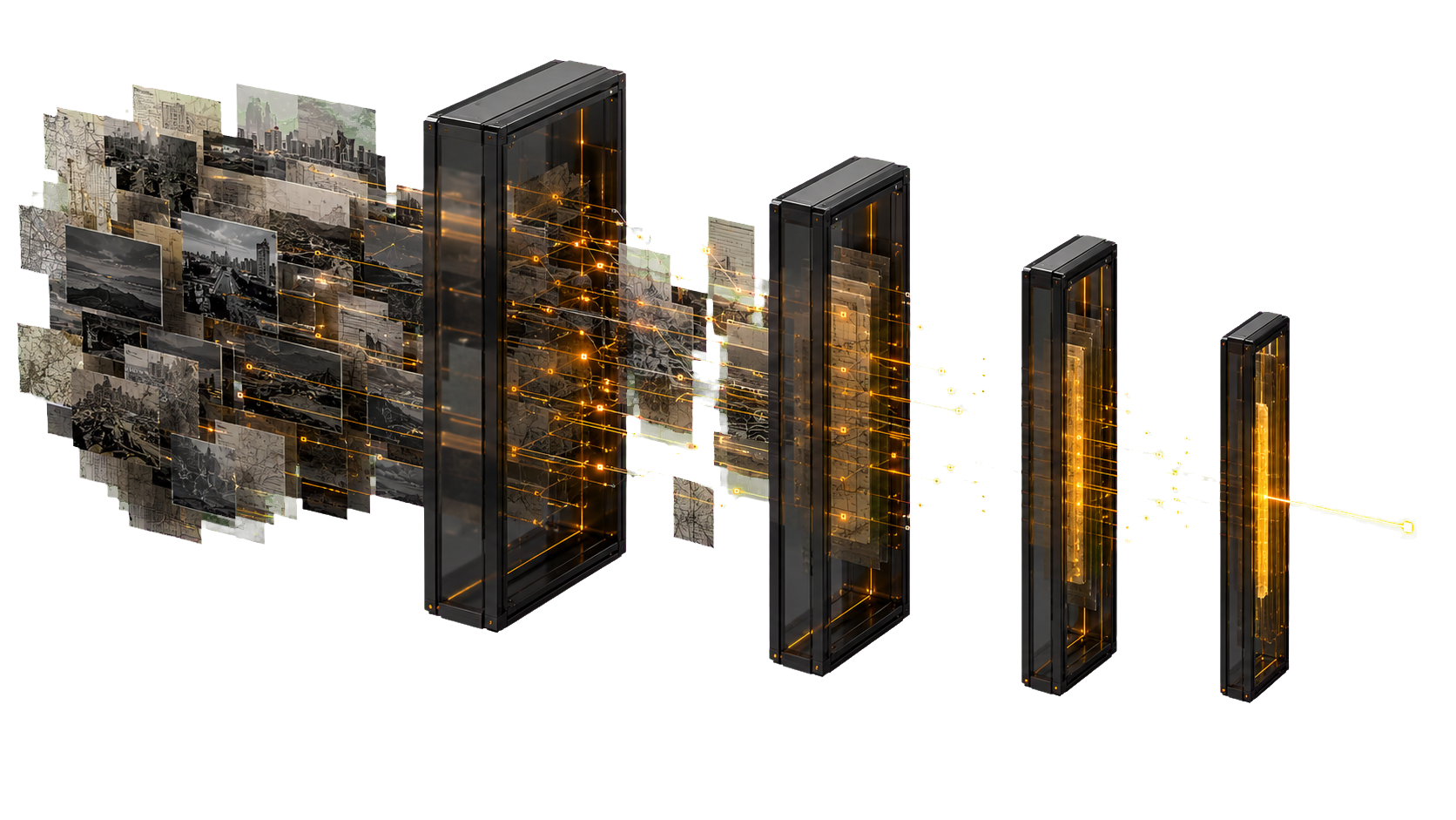 A four-stage intelligence process transforming fragmented material into a clear analytical output