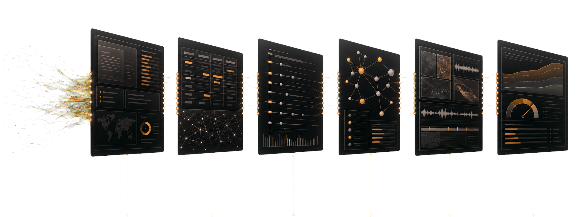Fragmented information passing through six connected analytical outputs